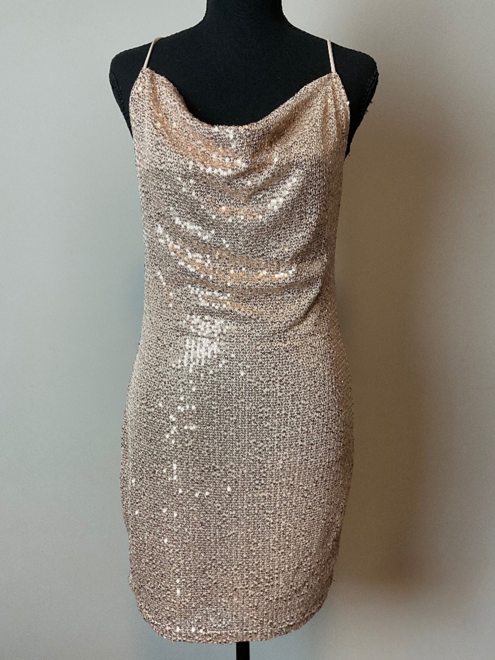 Rose gold sequin cowl-neck mini dress with delicate spaghetti straps